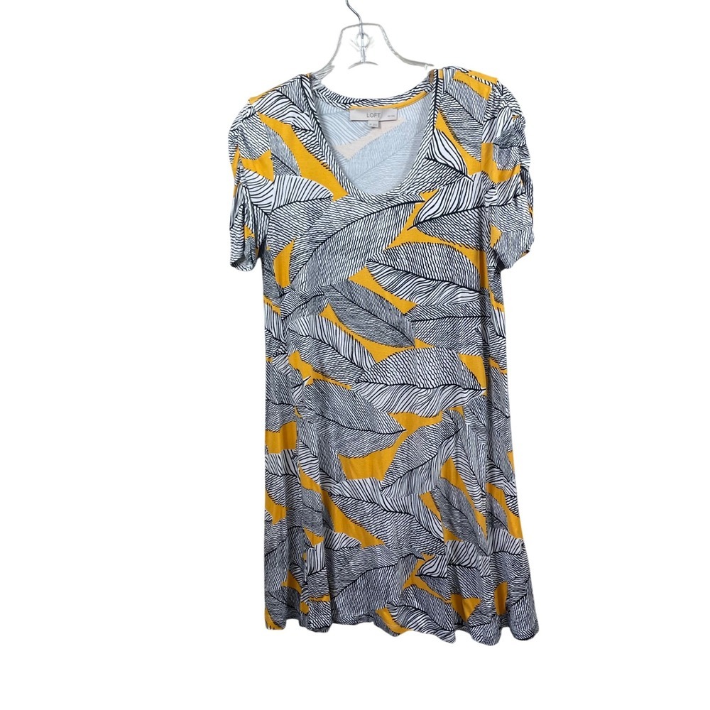 LOFT Women's Dress Small Petite SP Yellow Leaf Print V-Neck Short Sleeve